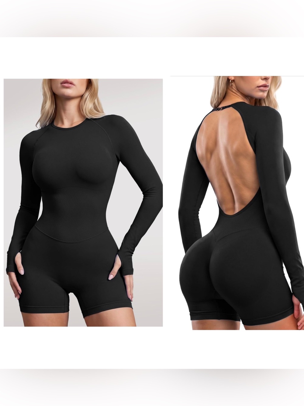Black Backless Long Sleeve Workout Romper – Size S